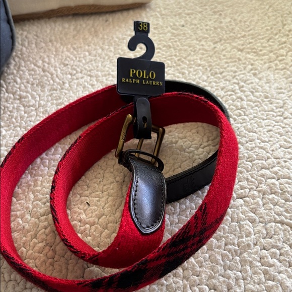 Christmas Polo Ralph Lauren Red Buffalo Plaid Wool Leather Belt Size 38 NWT - Picture 9 of 10